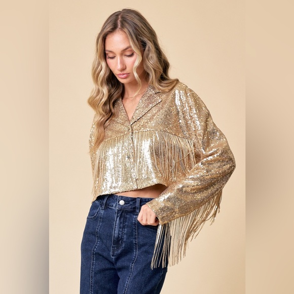NWT!! GOLD CROPPED SEQUINS FRINGE FESTIVAL AND CONCERT JACKET - Picture 6 of 6